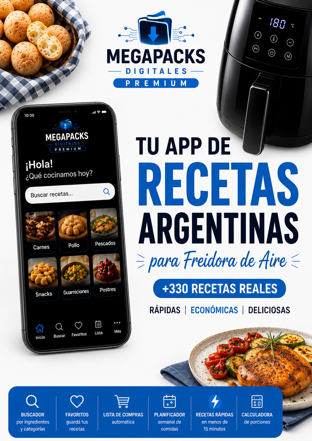 Súper Mini App Freidora de Aire (Heladera + Planificador + Favoritos)